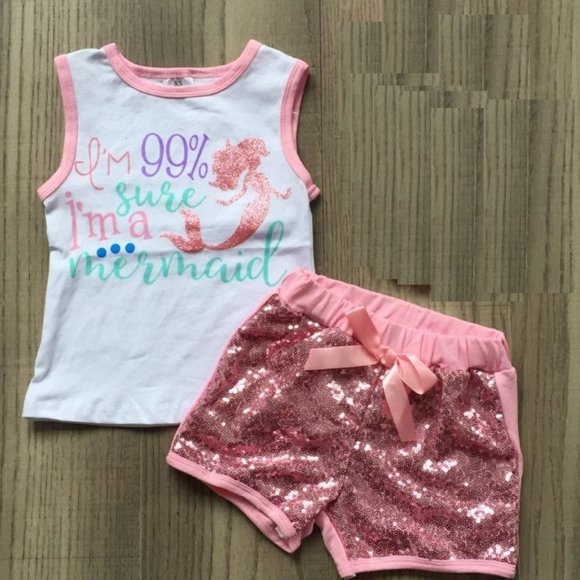 2 Pieces Top Short Set Unicorn Tank Top Sequin Shorts Pant Set Summer outfit - Picture 1 of 5